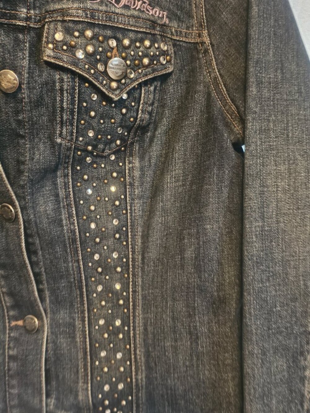 Harley Davidson Womens M Rhinestone Studded Denim Jacket Bling Wings - Picture 4 of 12
